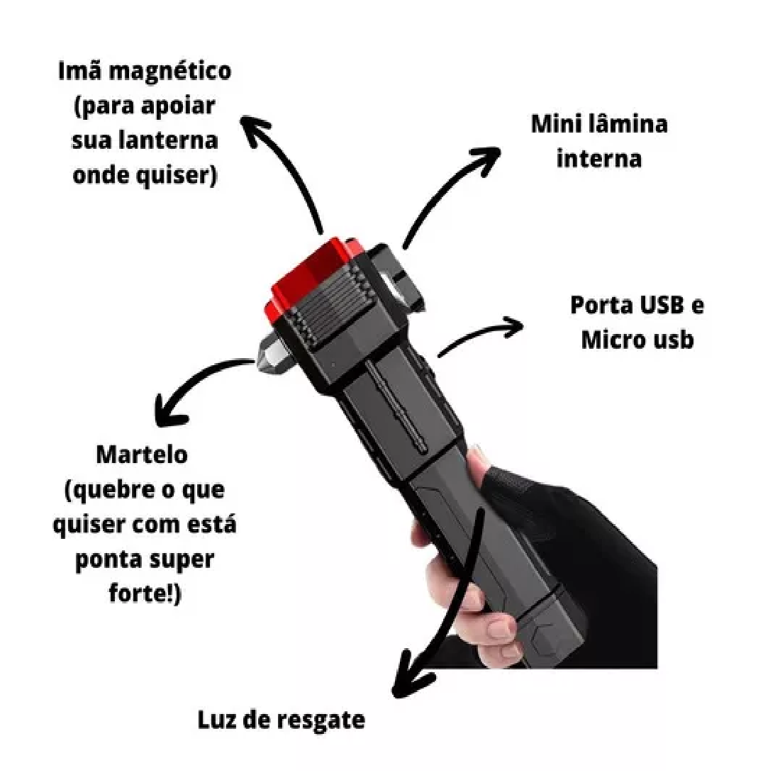 Linterna táctica multifuncional negra y roja con martillo rompevidrios, imán superior, cuchilla y puertos USB, sostenida por una mano con guante.