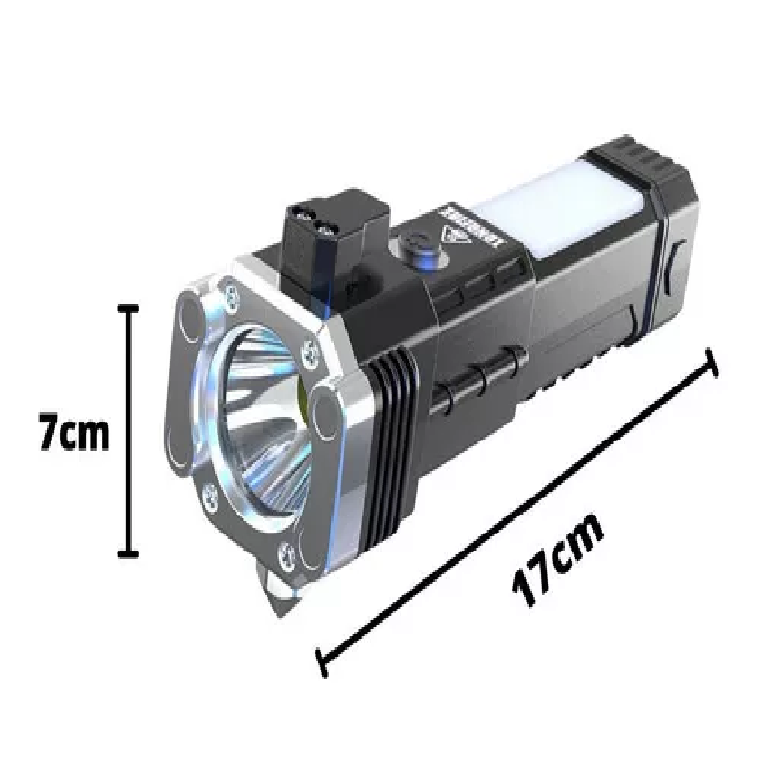 Linterna LED recargable negra y plateada con luz COB y martillo de emergencia. Dimensiones: 17 cm de largo y 7 cm de ancho.