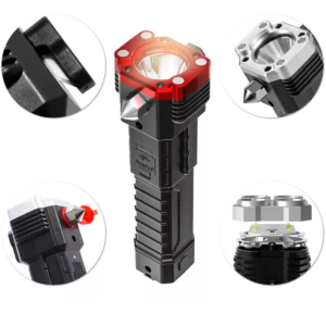 Linterna LED multifuncional recargable negra con cabezal rojo, martillo rompevidrios, imán y detalles de sus componentes y accesorios en vistas ampliadas.