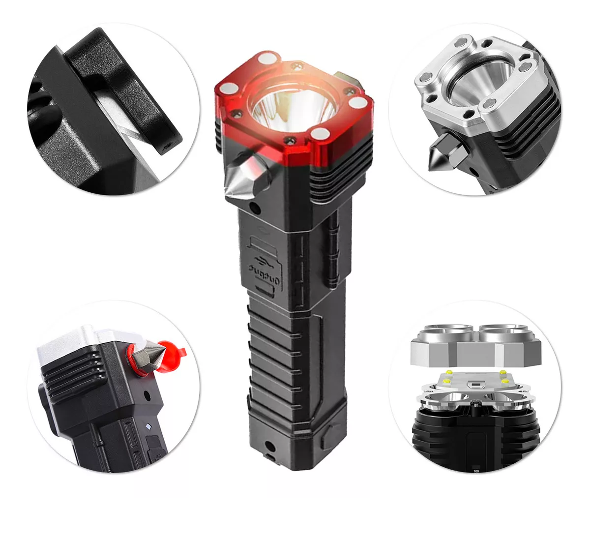 Linterna LED multifuncional recargable negra con cabezal rojo, martillo rompevidrios, imán y detalles de sus componentes y accesorios en vistas ampliadas.