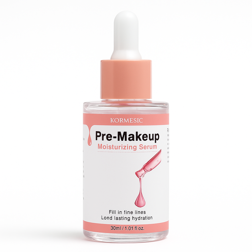 Botella de vidrio de serum hidratante pre-maquillaje con gotero y etiqueta rosada, 30 ml