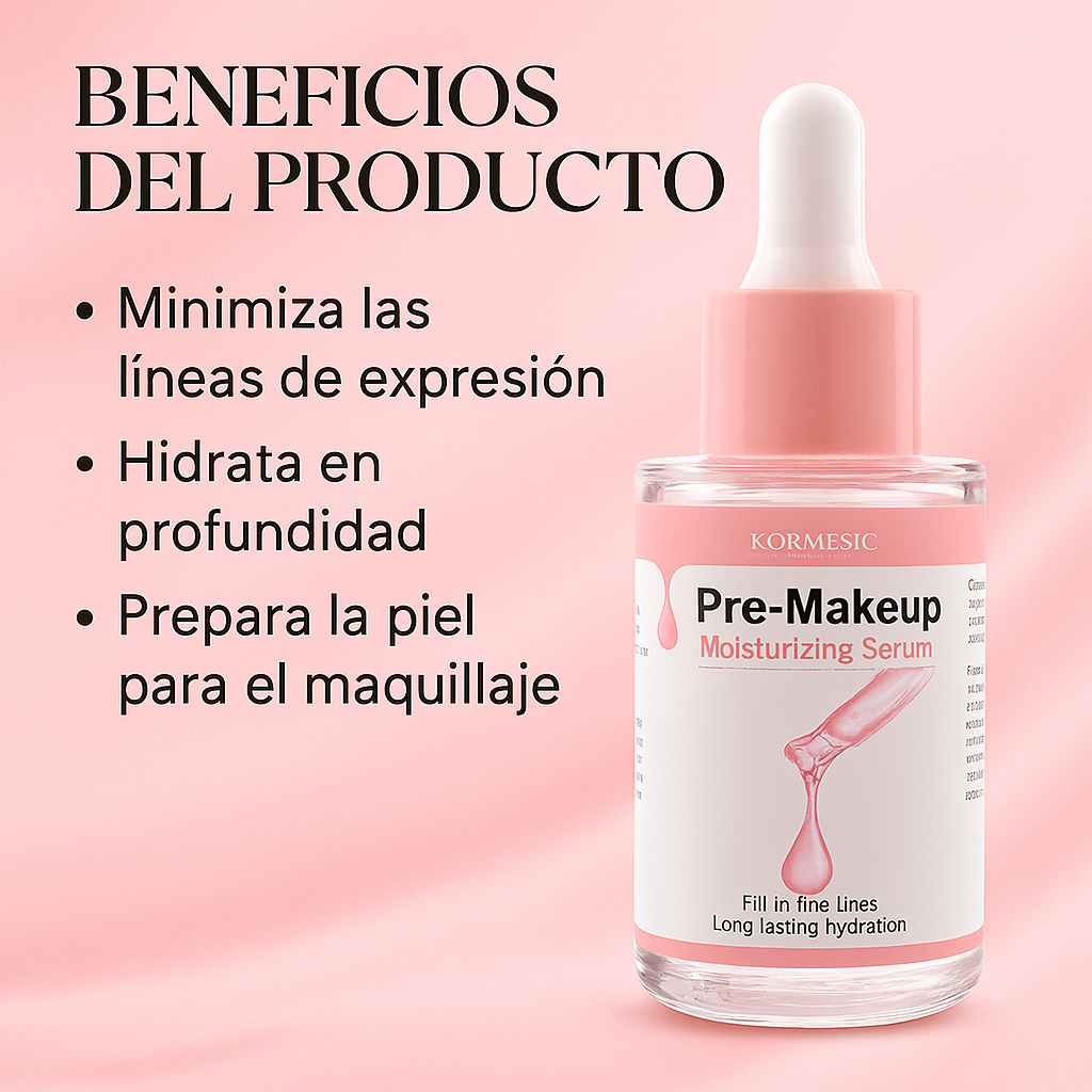 Serum facial hidratante Pre-Makeup de Kormesic en botella de vidrio con gotero, sobre fondo rosa pastel junto a lista de beneficios del producto.