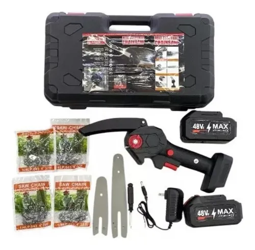 Kit de mini motosierra eléctrica recargable negra con maletín, dos baterías de 48V, dos espadas, cuatro cadenas, destornillador y cargador.