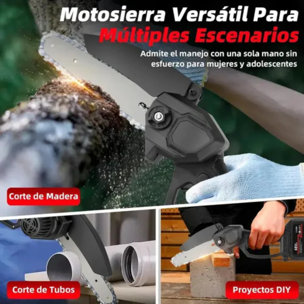 Motosierra inalámbrica ligera color negro usada para cortar madera y tubos plásticos en proyectos de bricolaje, con una mano.