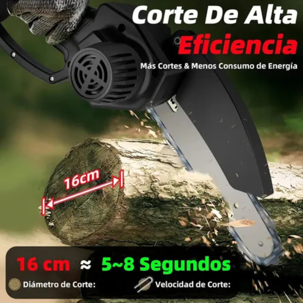 Motosierra de batería portátil cortando un tronco de dieciséis centímetros, con carcasa negra y guía metálica con protector superior.