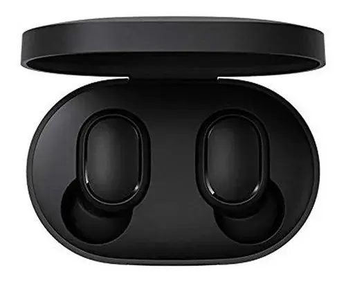 Estuche de carga negro mate abierto con dos auriculares Xiaomi Redmi Airdots S en su interior, vista superior.
