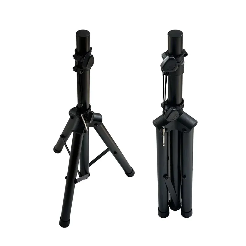 Trípode ajustable negro de 60 a 120 cm en metal, mostrado abierto y plegado, ideal para estabilizar cabinas de sonido y luces.