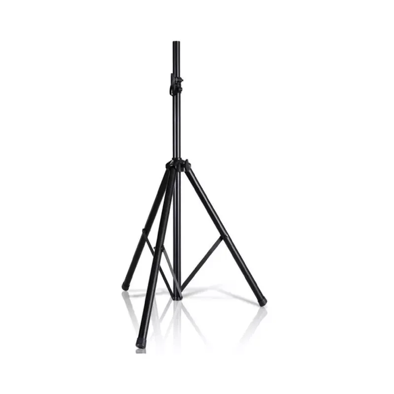 Trípode negro ajustable de aluminio para cabinas de sonido y luces, con tres patas estables y perillas de ajuste.
