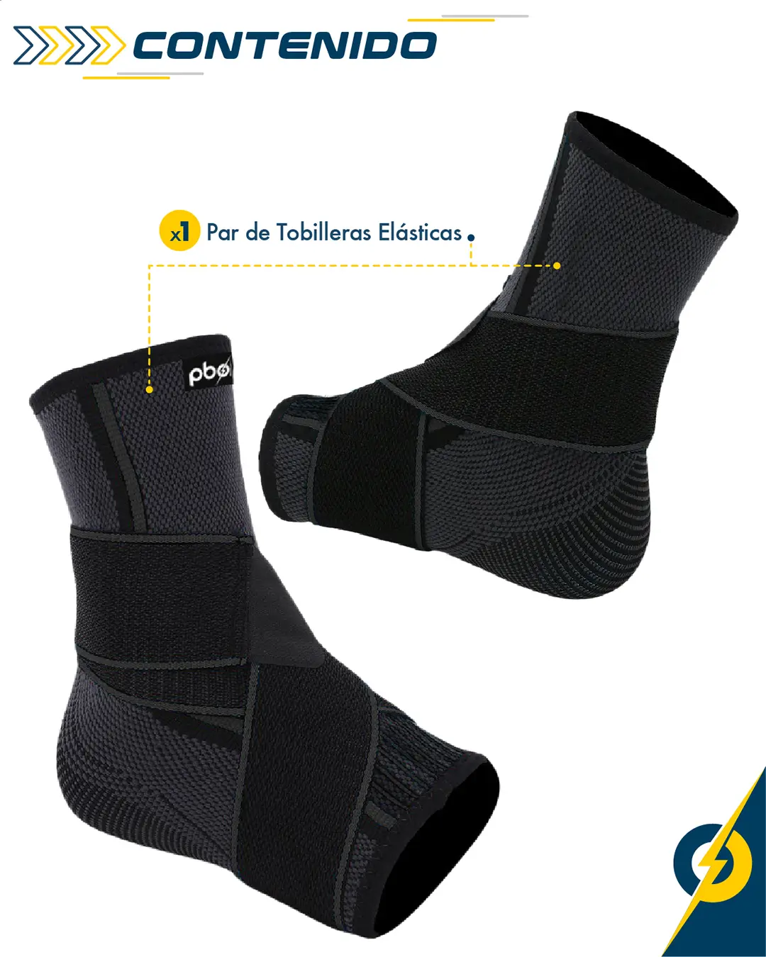 Par de tobilleras negras de tela elástica con bandas de compresión para soporte de tobillo, mostradas en ángulo lateral y frontal.