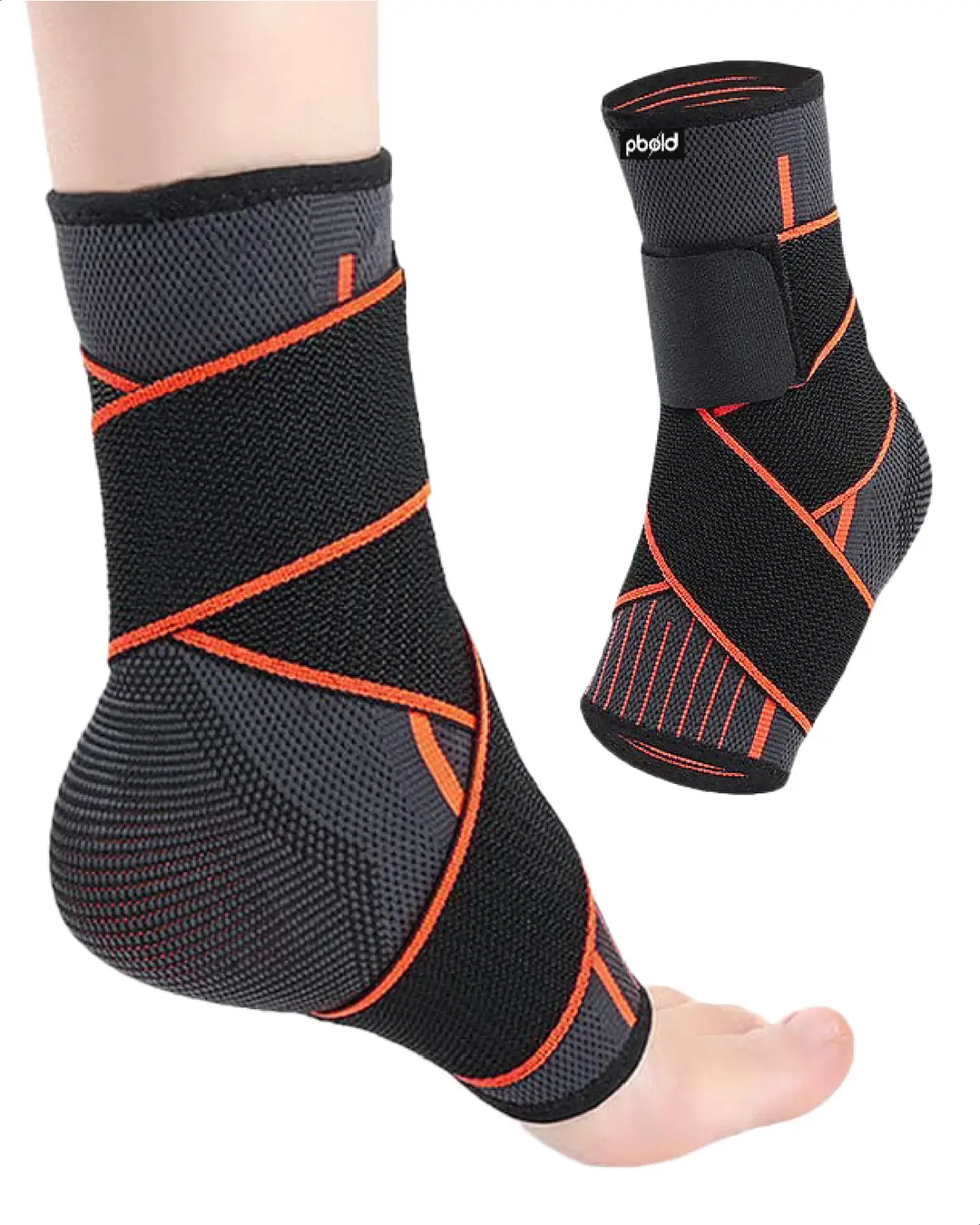Par de tobilleras de soporte negras con detalles naranjas, diseño de bandas cruzadas y tejido elástico para estabilidad deportiva.