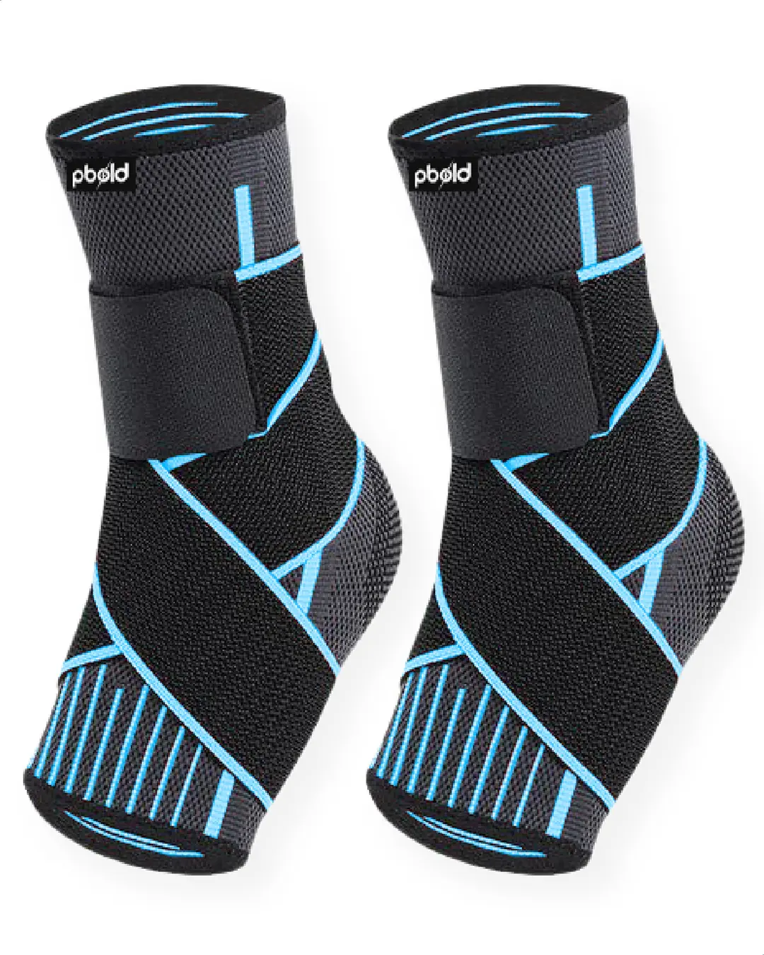 Par de tobilleras deportivas negras con detalles en azul brillante, cierre de velcro y diseño de líneas cruzadas para soporte de tobillo.