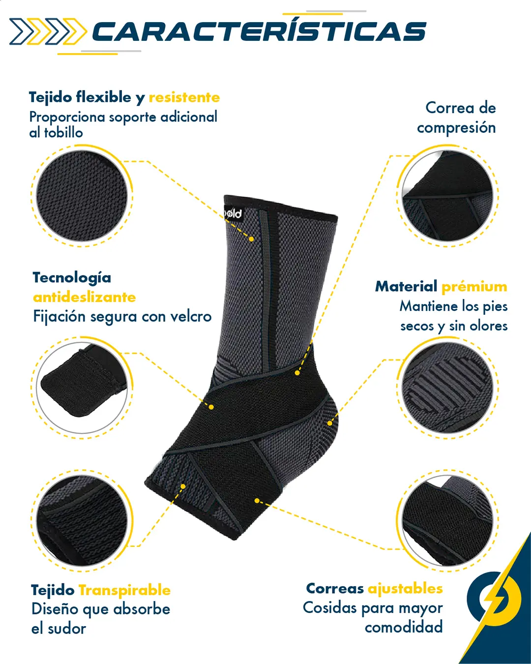 Tobillera de soporte negra con detalles de tejido transpirable, correas ajustables de velcro y material de compresión premium.