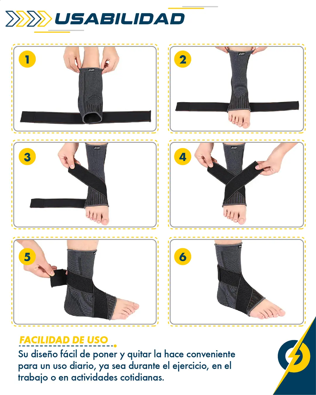 Guía de seis pasos para colocar la tobillera de soporte negra con correas de velcro ajustables para brindar estabilidad y prevenir esguinces