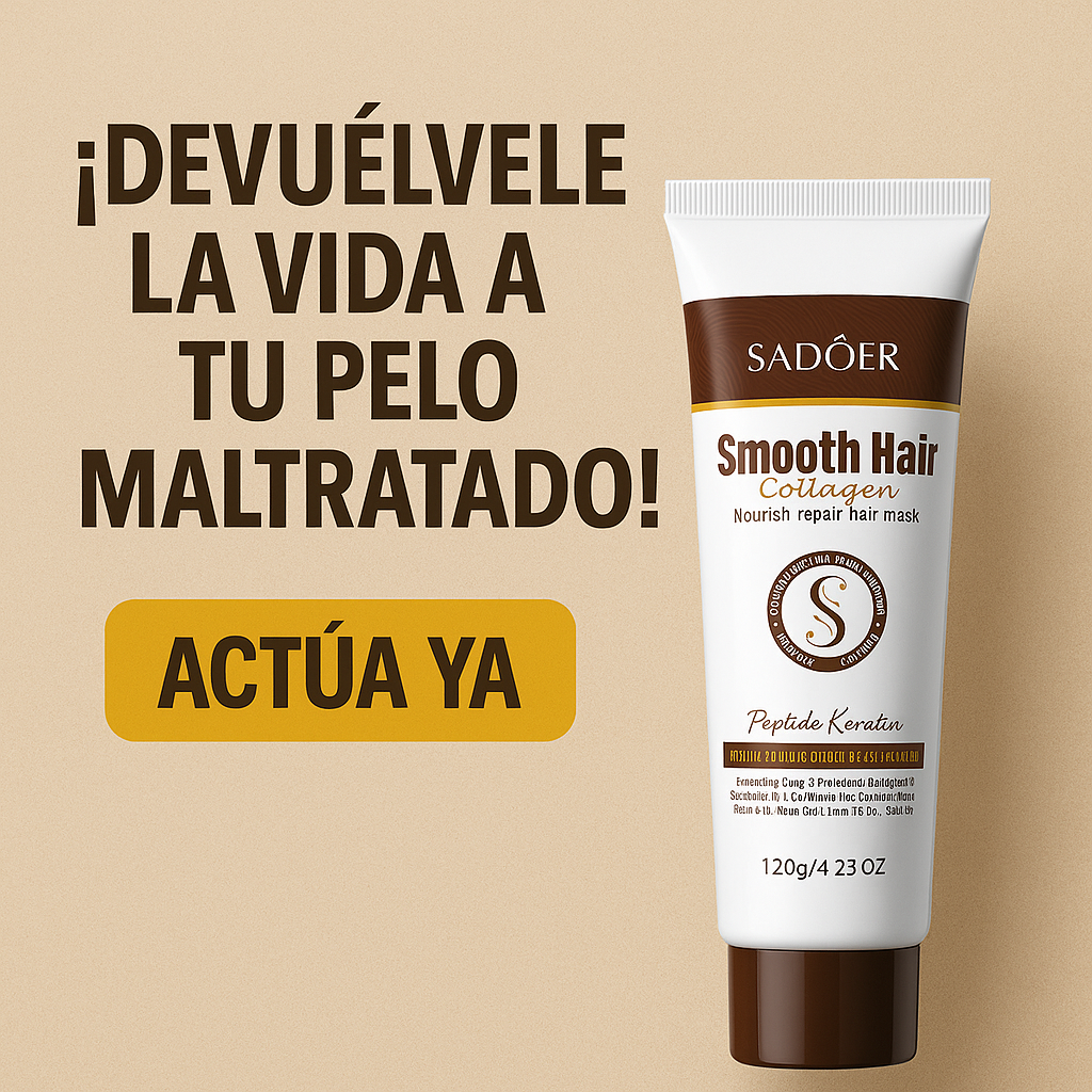 Tubo blanco con tapa marrón de mascarilla capilar Sadoer Smooth Hair de 120g con colágeno y queratina para reparar el cabello maltratado