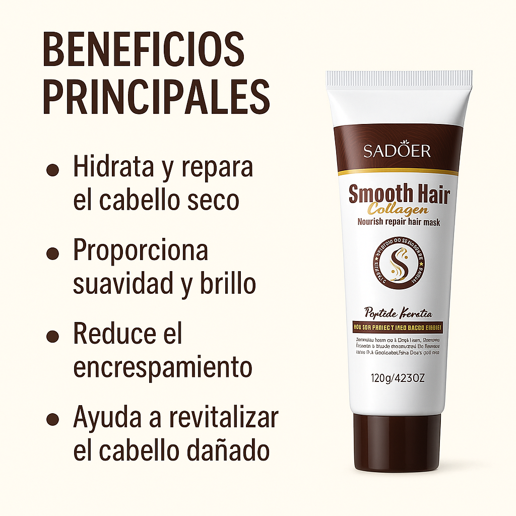 Tubo blanco de mascarilla capilar con colágeno Sadoer de 120 g y listado de beneficios principales de hidratación y brillo.