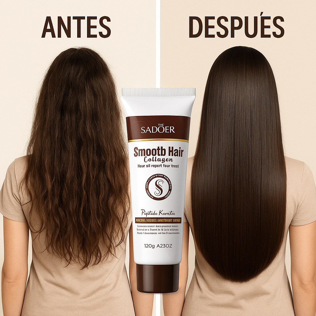 Antes y después del uso de la mascarilla capilar de colágeno Sadoer, mostrando cabello seco y liso respectivamente.