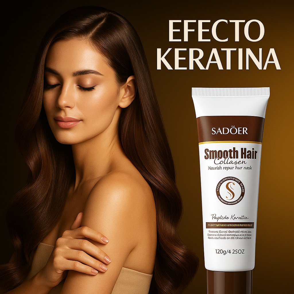 Mascarilla capilar Sadoer Smooth Hair Collagen de 120g para efecto queratina, junto a mujer con cabello castaño largo, ondulado y brillante.