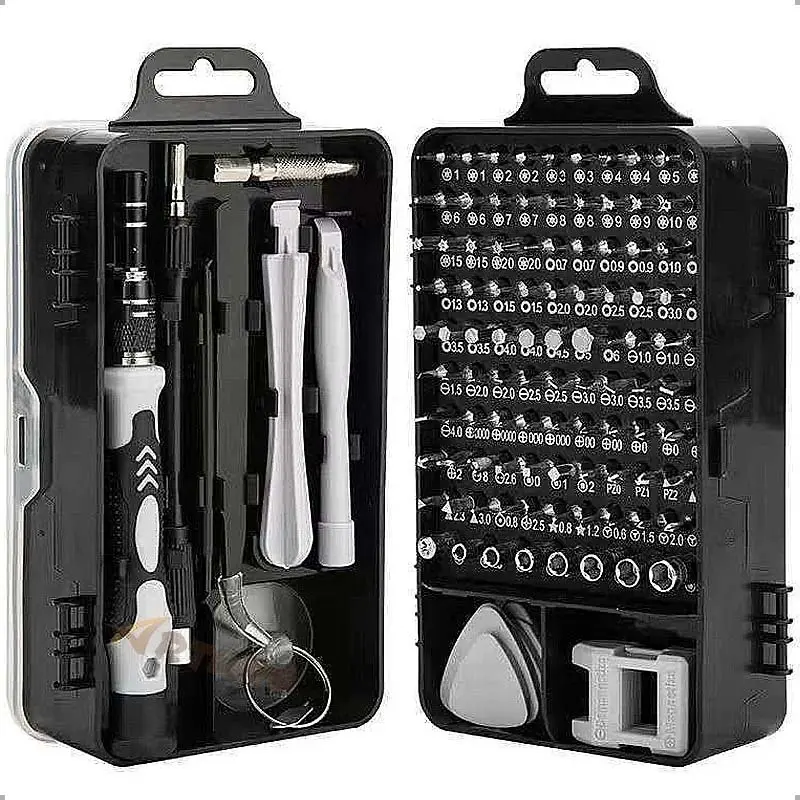 Kit de destornilladores de precisión 115 en 1 negro con mango ergonómico, puntas intercambiables, herramientas de apertura y estuche organizador plástico.