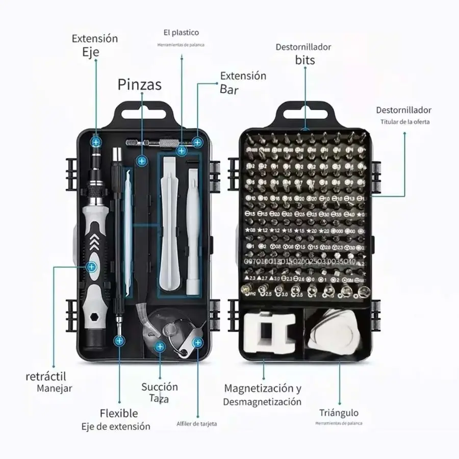 Kit de destornilladores de precisión 115 en 1 en estuche negro abierto con mango ergonómico, puntas, pinzas, herramientas de plástico y succión.