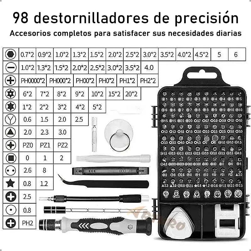 Kit de destornilladores de precisión 98 en 1 con mango ergonómico, puntas intercambiables, pinzas y accesorios en estuche plástico negro.