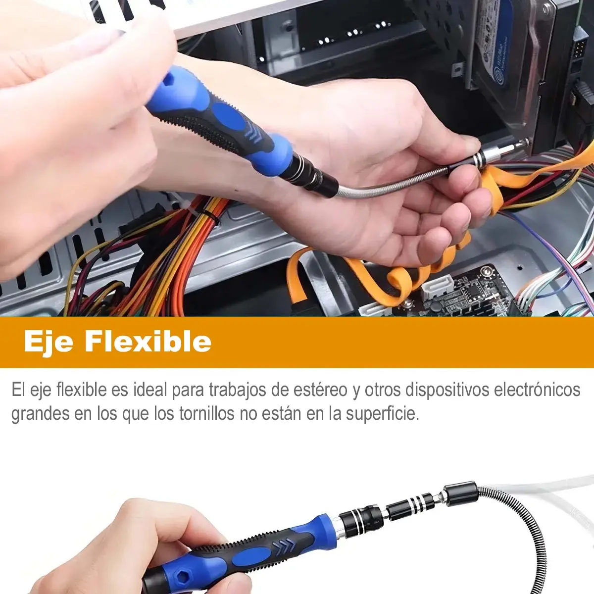 Destornillador de precisión con mango azul y negro y eje flexible para alcanzar tornillos en espacios reducidos de dispositivos electrónicos.