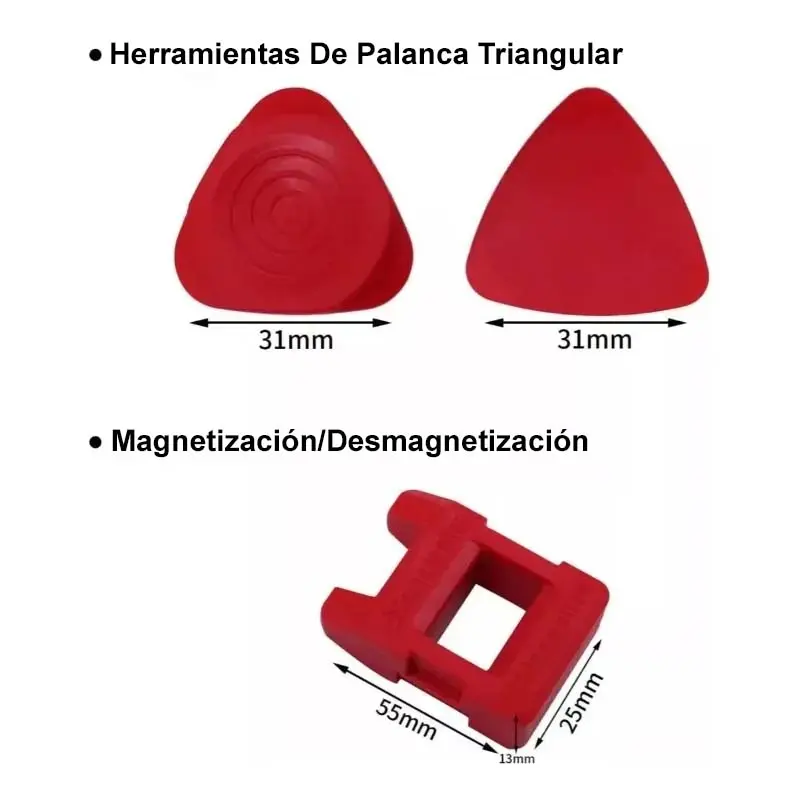 Dos palancas triangulares rojas de 31 mm y un magnetizador rectangular de 55x25x13 mm para reparación de dispositivos electrónicos.