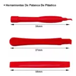 Tres herramientas de palanca de plástico rojo para electrónica con medidas de 84mm, 87mm y 84mm, con puntas finas y planas.