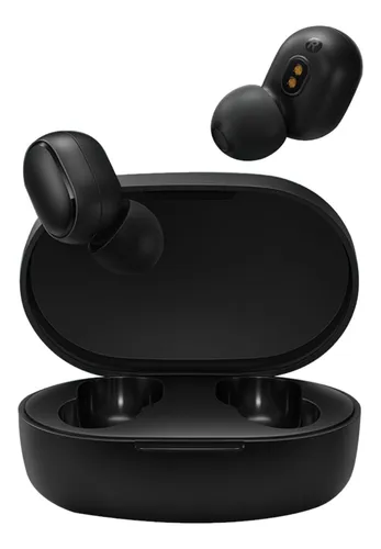 Auriculares inalámbricos Xiaomi Redmi Airdots S Bluetooth 5.0 negros y su estuche de carga abierto con tapa levantada.