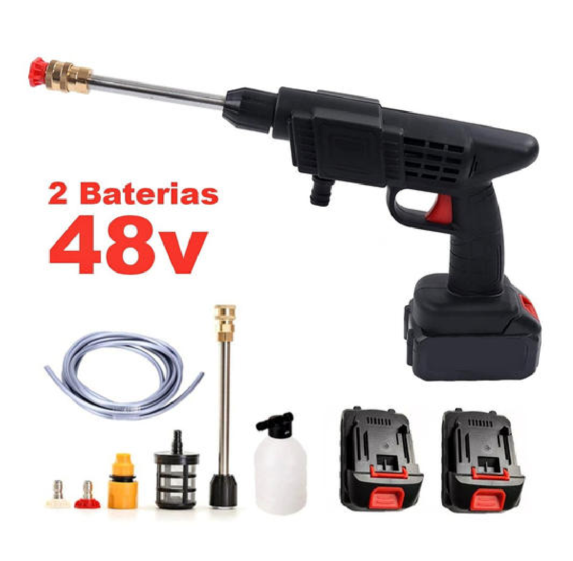 Hidro lavadora inalámbrica de 48V con pistola negra, lanza, manguera, dos baterías, boquillas de colores, filtro y envase de detergente.