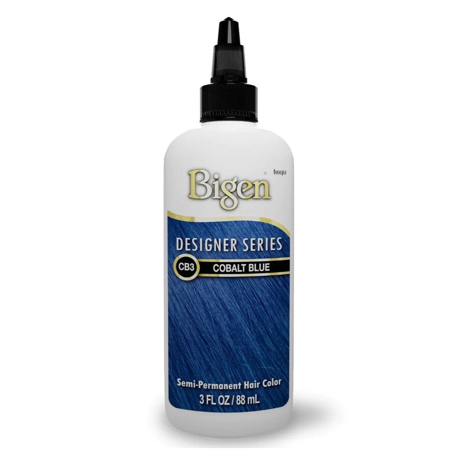 Tinte semipermanente Bigen Designer Series color azul cobalto CB3 en botella blanca de 88 ml con boquilla aplicadora negra.