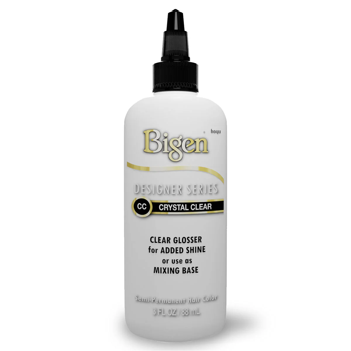 Bigen Designer Series CC Crystal Clear, gloss transparente de 88 ml para brillo o base de mezcla, en envase blanco con boquilla negra.