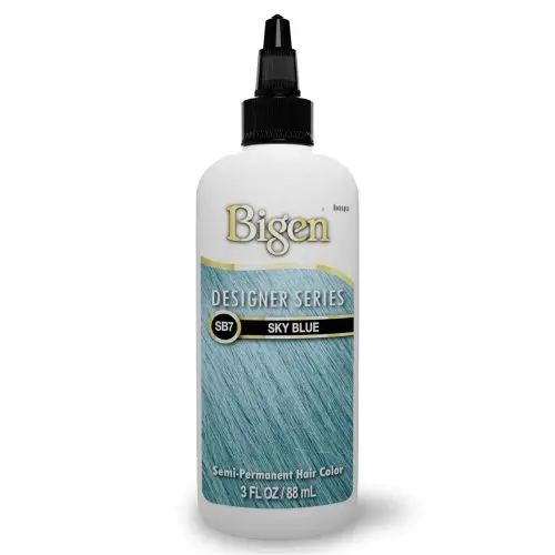 Botella blanca de tinte semipermanente Bigen tono Sky Blue SB7 con aplicador negro, contenido de 3 fl oz u 88 ml.