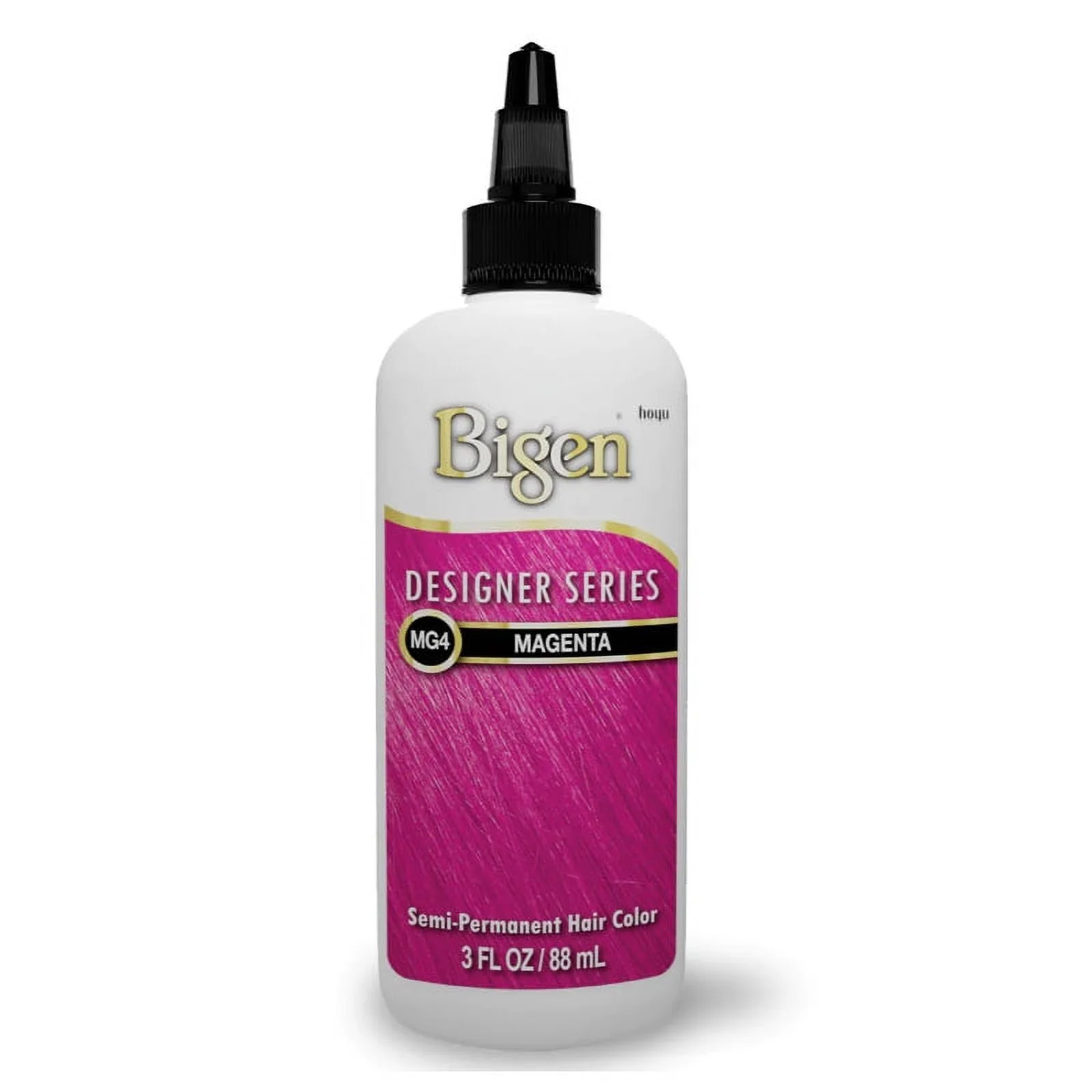 Tinte semipermanente Bigen Designer Series color Magenta MG4 en envase blanco de 88 ml con boquilla aplicadora negra.