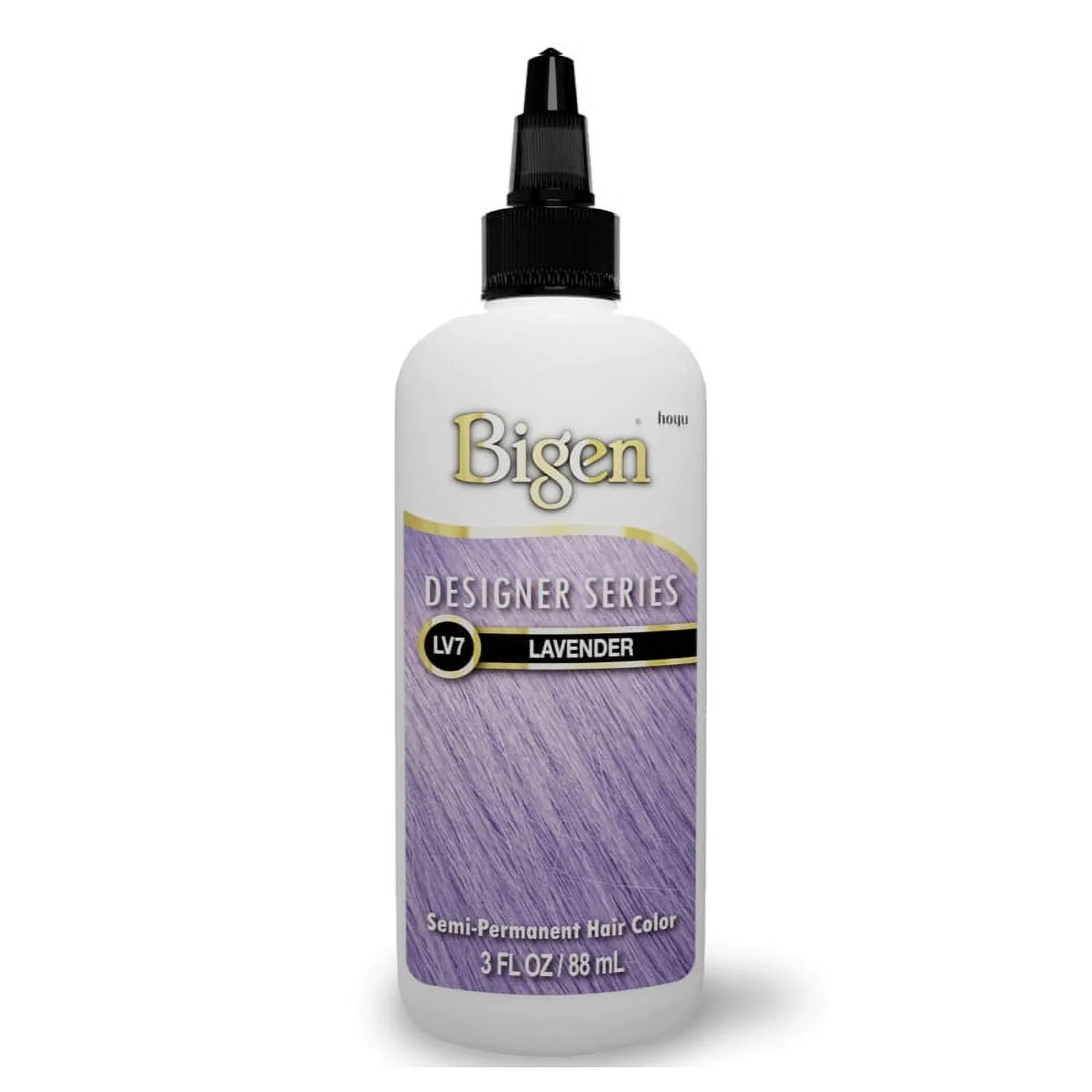 Frasco blanco de tinte semipermanente lavanda Bigen Designer Series con aplicador negro, 3 fl oz.