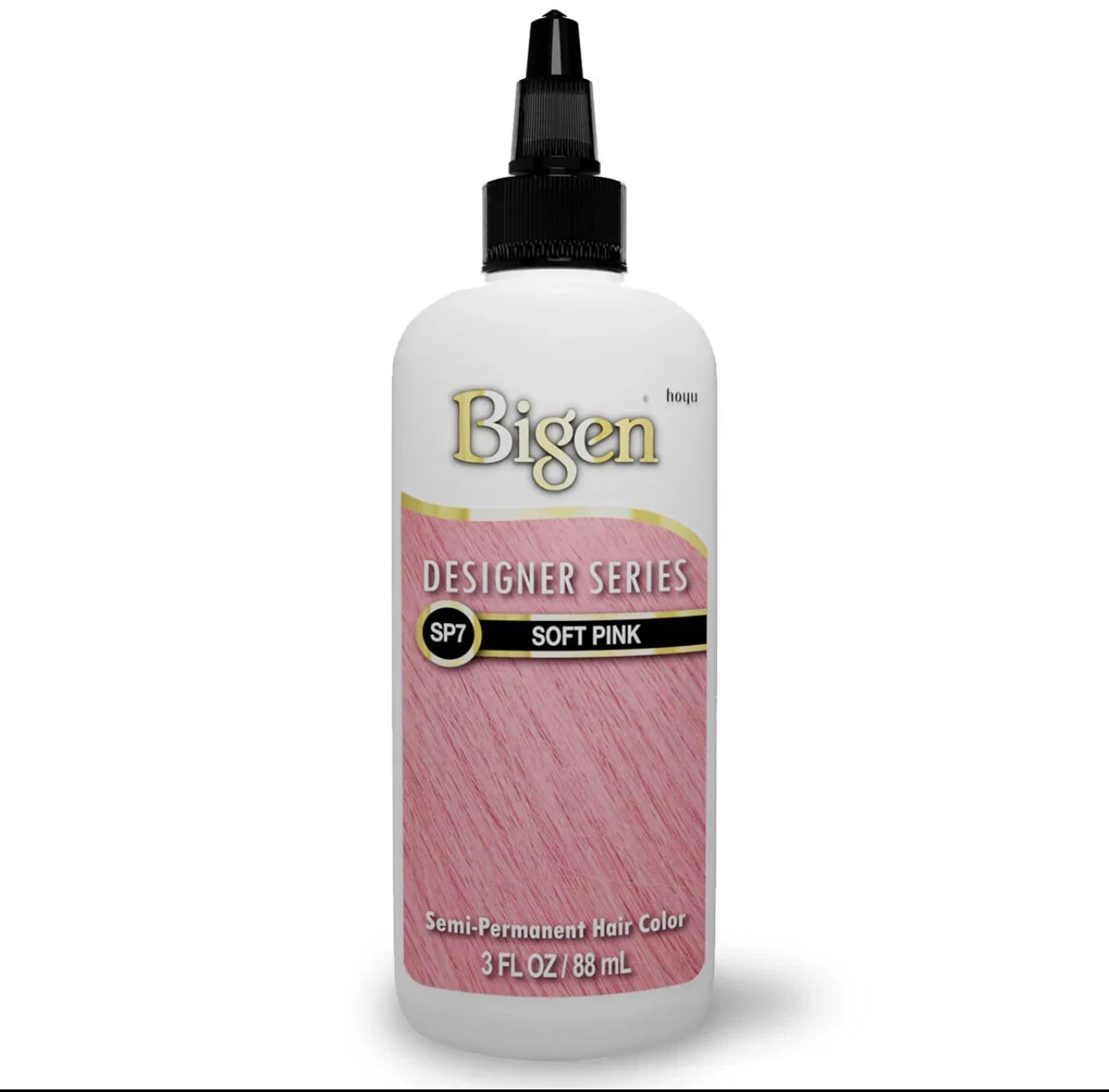 Botella plástica de tinte semipermanente Bigen Soft Pink SP7, color rosa suave, con aplicador negro puntiagudo y contenido de 3 fl oz 88 ml.