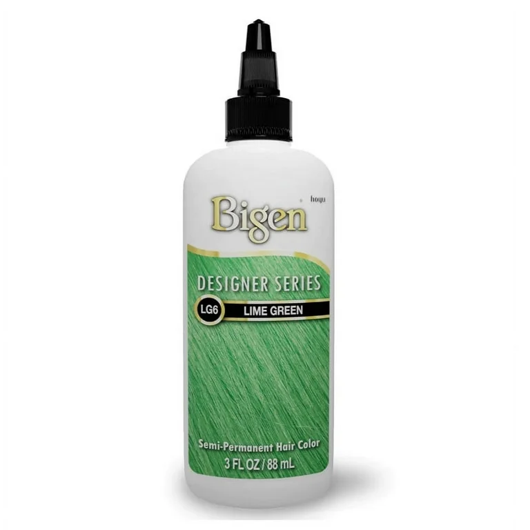 Botella blanca de tinte semipermanente Lime Green de 3 oz y 88 ml con aplicador negro, de la serie Designer de Bigen.