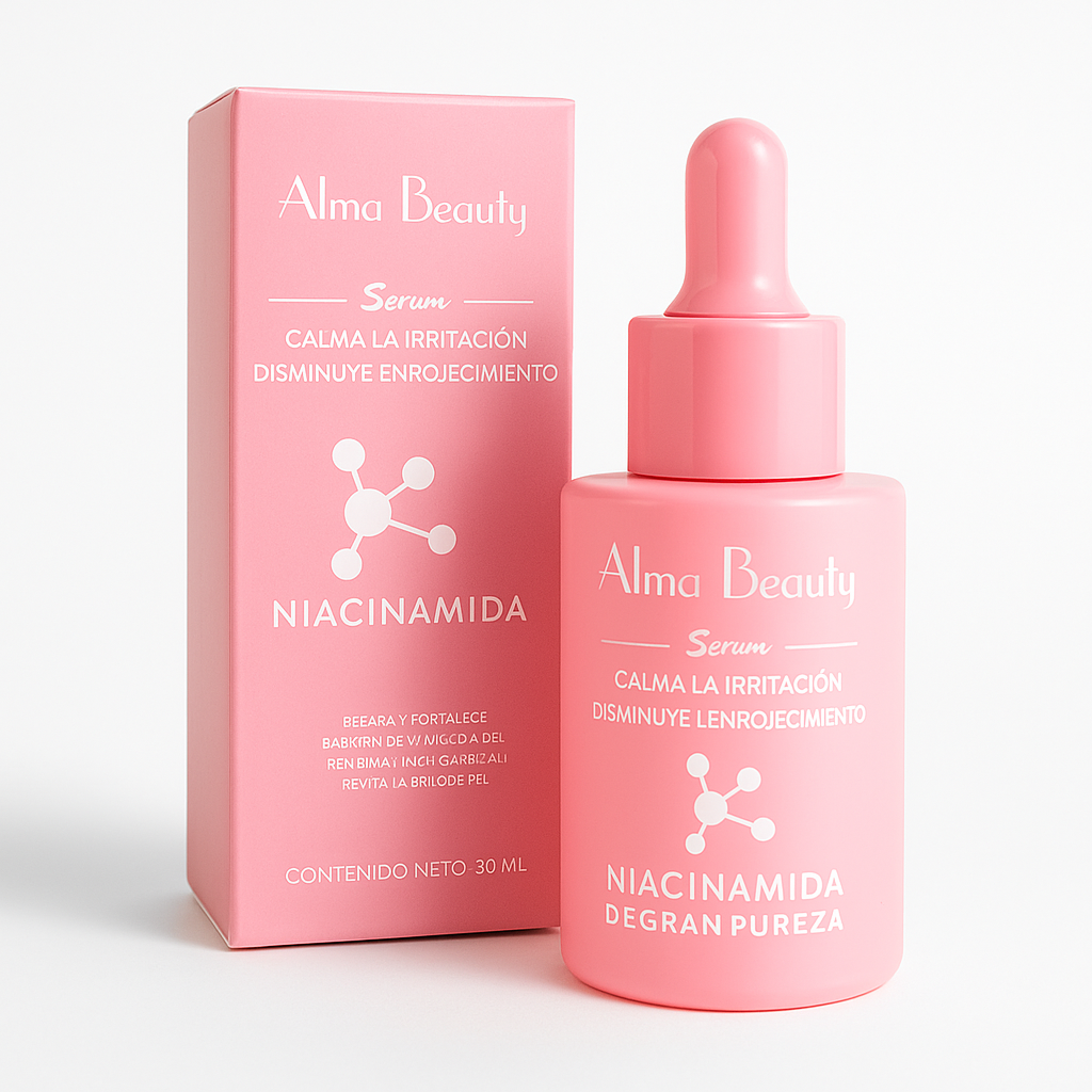 Frasco gotero y caja de cartón rosa mate de serum facial de niacinamida de 30 ml con textura suave para piel sensible.