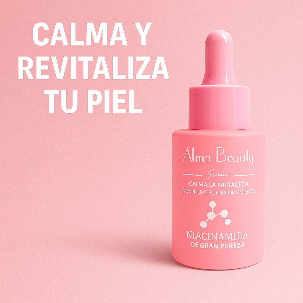 Frasco rosado mate de serum facial Alma Beauty con gotero, acompañado del texto superior Calma y revitaliza tu piel sobre fondo rosa claro.