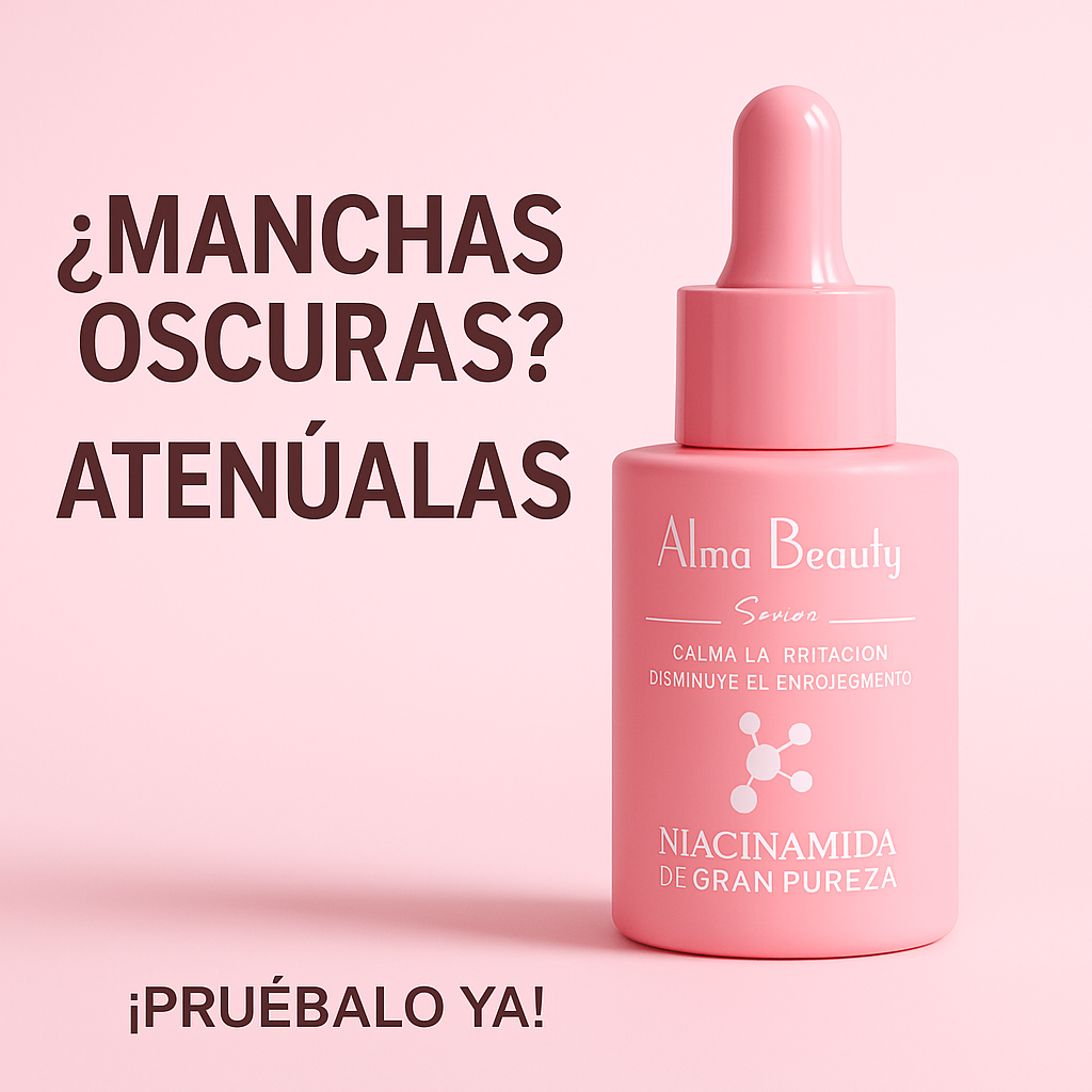 Frasco rosado de serum facial con gotero, acompañado del texto ¿MANCHAS OSCURAS? ATENÚALAS y la frase NIACINAMIDA DE GRAN PUREZA.