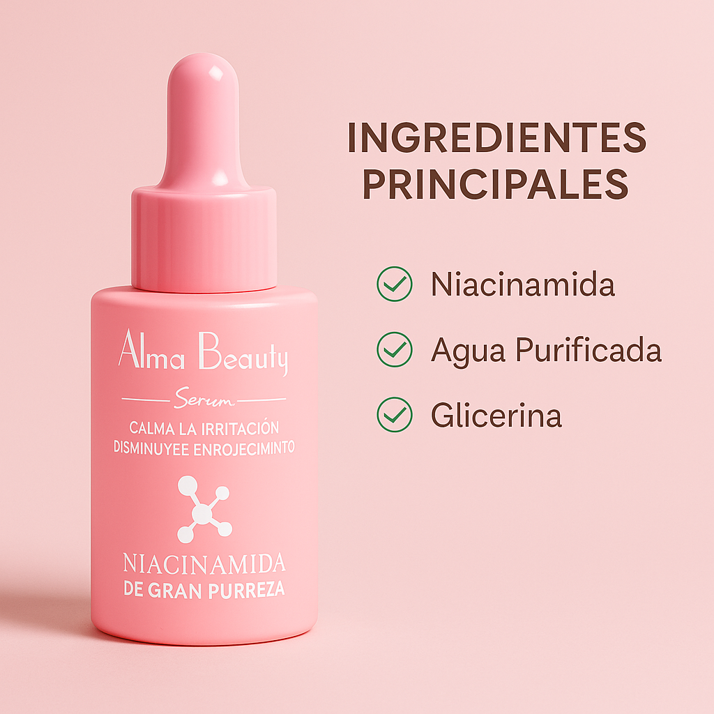 Frasco gotero rosa de serum facial Alma Beauty junto a una lista de sus ingredientes principales: niacinamida, agua purificada y glicerina.