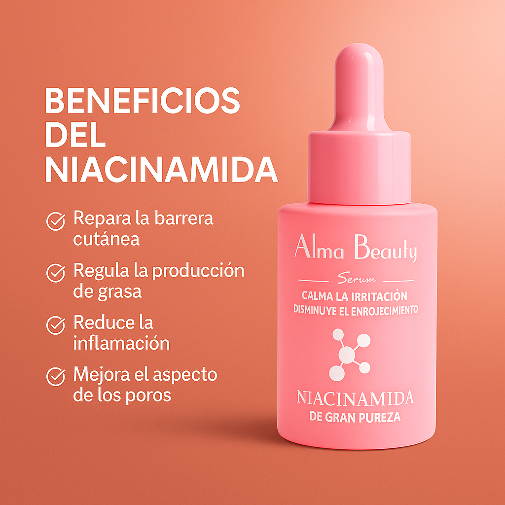 Serum facial de niacinamida Alma Beauty en envase rosa mate con gotero, acompañado de lista de beneficios para la piel en fondo anaranjado.