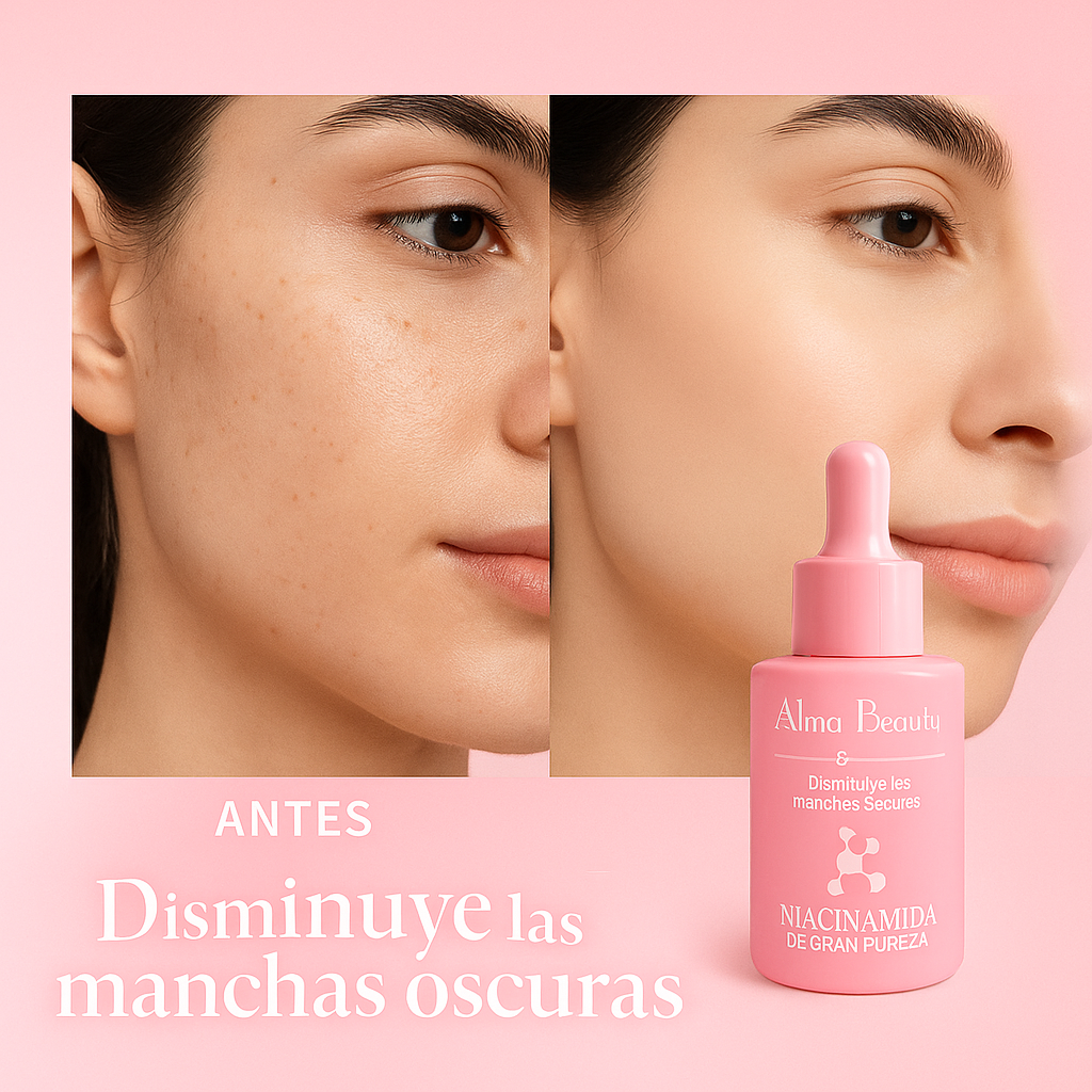 Comparativa de rostro antes y después de usar sérum facial rosado con gotero, mostrando piel más uniforme.