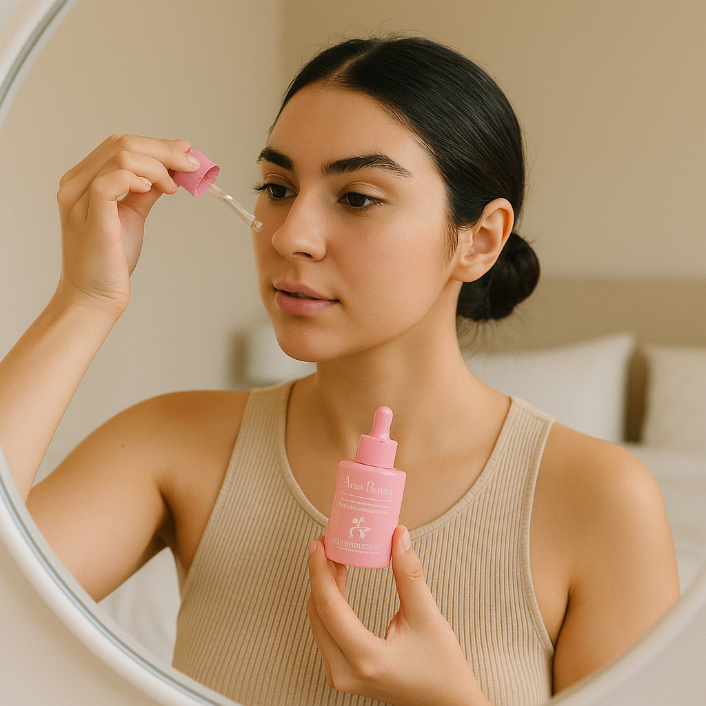 Mujer frente al espejo aplicándose gotas de Serum Facial Niacinamida Alma Beauty con gotero, sosteniendo el frasco rosa de cuidado facial.