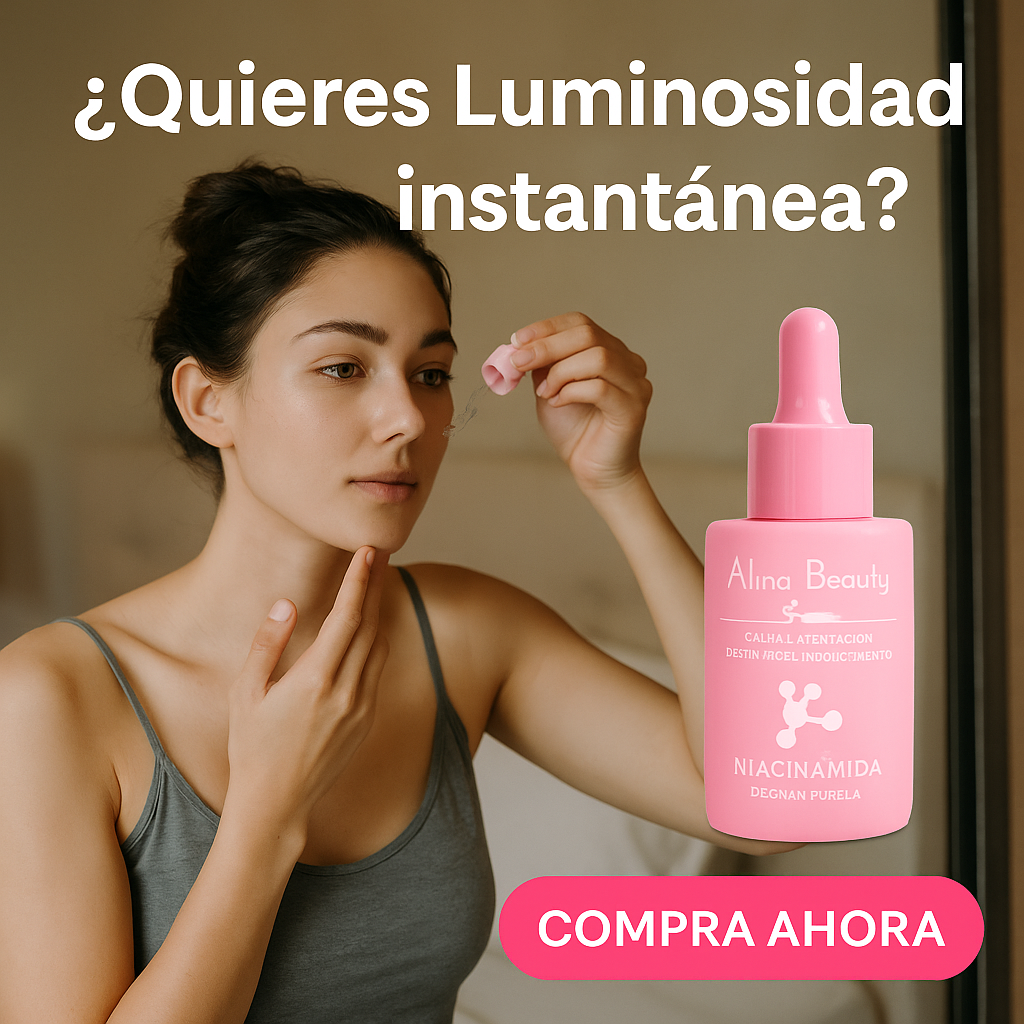 Mujer aplica serum facial rosado con gotero en su rostro frente al espejo.