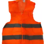 Chaleco reflectivo naranja de alta visibilidad con bandas grises horizontales, diseño sin mangas, cuello en V y cierre frontal en malla ligera.