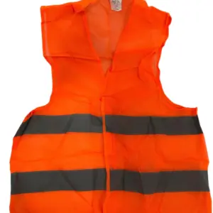 Chaleco reflectivo naranja de alta visibilidad con bandas grises horizontales, diseño sin mangas, cuello en V y cierre frontal en malla ligera.