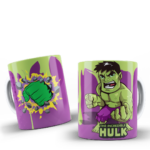 Taza de cerámica de Hulk de Marvel con diseño frontal del personaje y vista lateral de un puño verde en explosión sobre fondo morado y amarillo