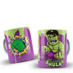 Taza de cerámica de Hulk de Marvel con diseño frontal del personaje y vista lateral de un puño verde en explosión sobre fondo morado y amarillo