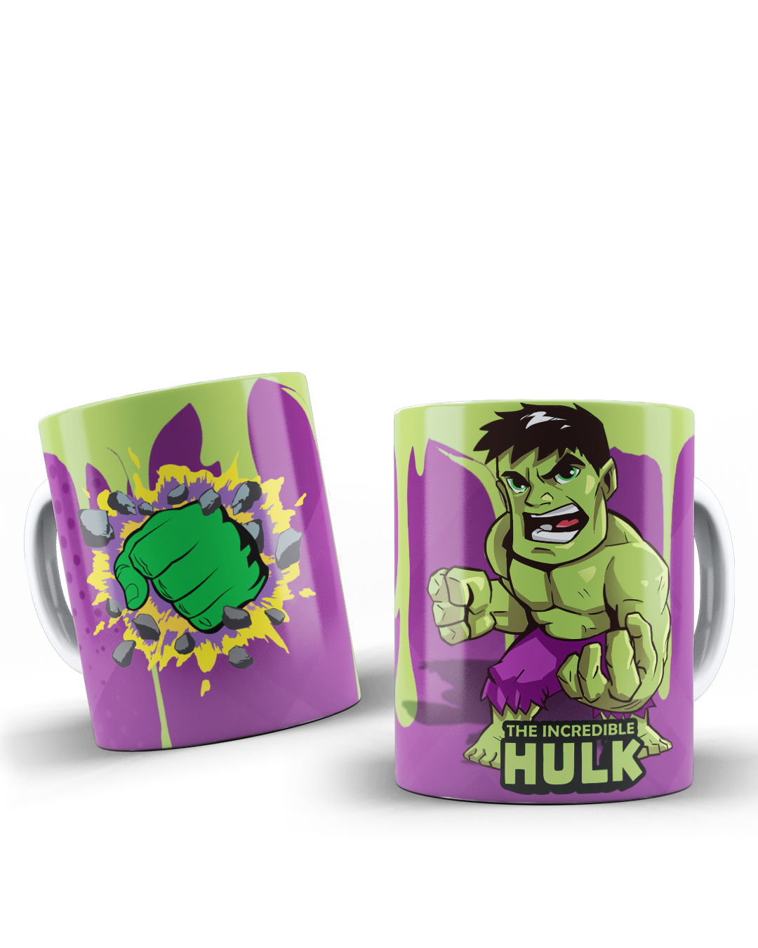 Taza de cerámica de Hulk de Marvel con diseño frontal del personaje y vista lateral de un puño verde en explosión sobre fondo morado y amarillo
