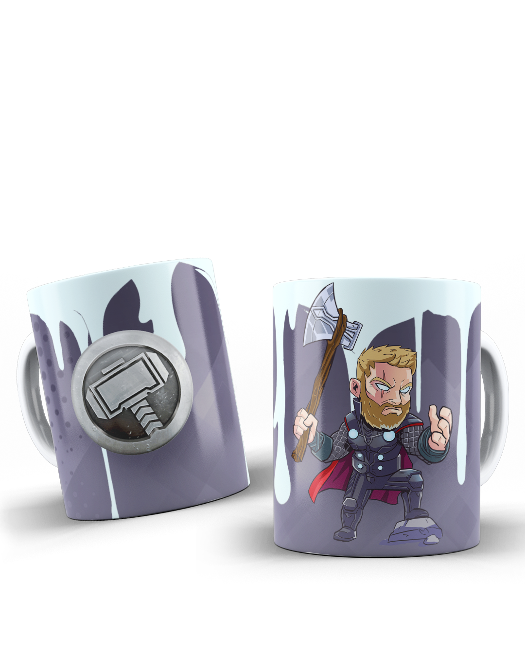 Taza de cerámica con diseño de Thor: vista lateral con emblema de Mjolnir y vista frontal con personaje tipo caricatura sobre fondo de hielo azul.